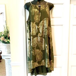 Roamans Womens Plus olive/ gold chain neck dress, size 26W